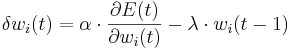 \delta w_{i}(t) = \alpha \cdot \frac{\part E(t)}{\part w_{i}(t)} - \lambda \cdot w_{i}(t-1)