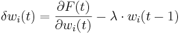 \delta w_{i}(t) = \frac{\part F(t)}{\part w_{i}(t)} - \lambda \cdot w_{i}(t-1)
