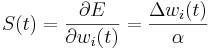 S(t) = \frac{\part E}{\part w_{i}(t)} = \frac{\Delta w_{i}(t)}{\alpha}